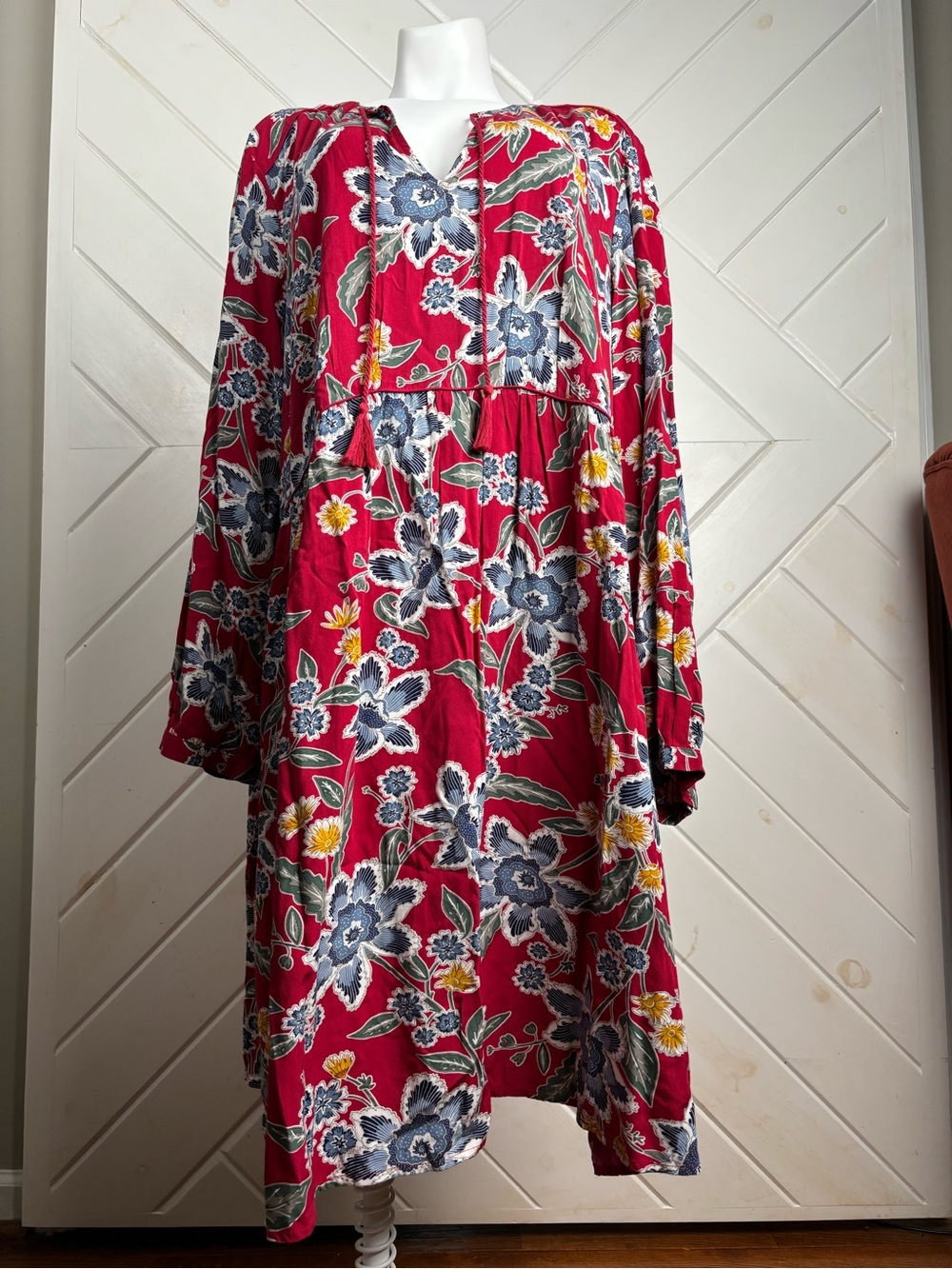 Old Navy Red Floral Long-Sleeve Tie-Neck Dress